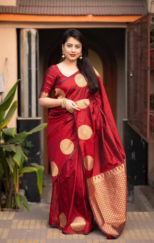 Classic Maroon Color Soft Lichi Silk Cloth Rich Pallu Work Saree By WTW