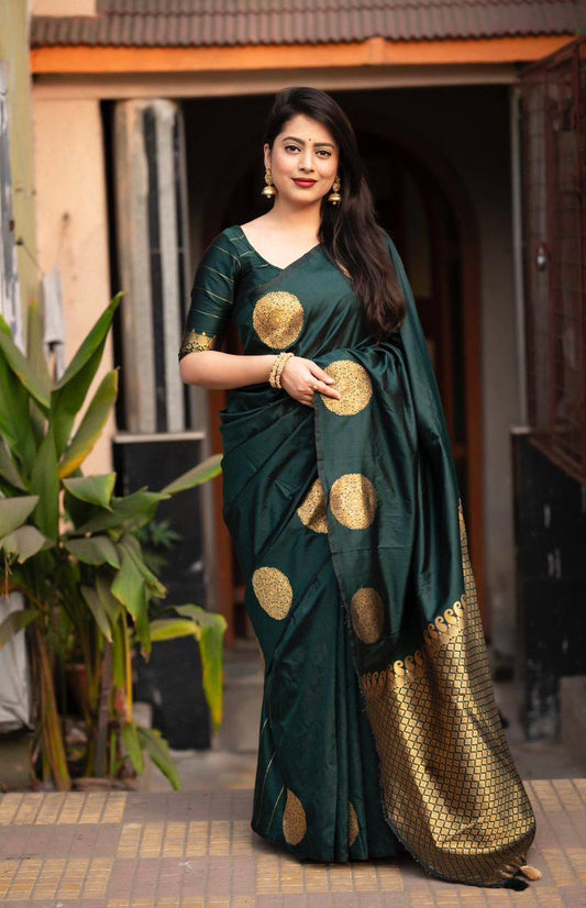 Classic Bottle Green Color Soft Lichi Silk Cloth Rich Pallu Saree By WTW
