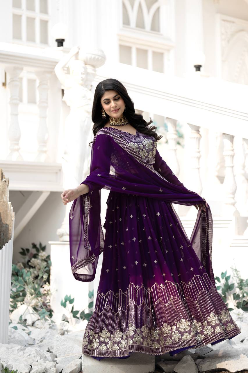 Function Wear Sequence Work Purple Color Georgette Lehenga Choli By WTW