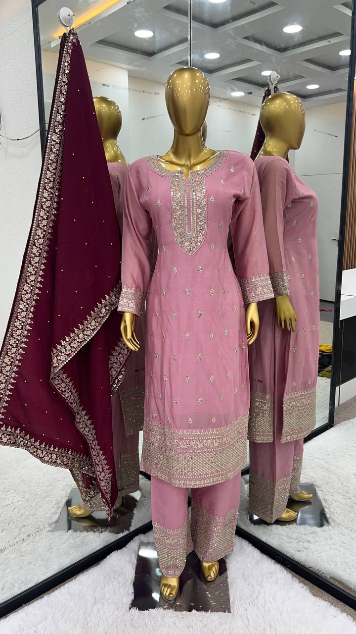 Superb Peach Color Chinnon Silk Embroidery Work Salwar Suit By WTW