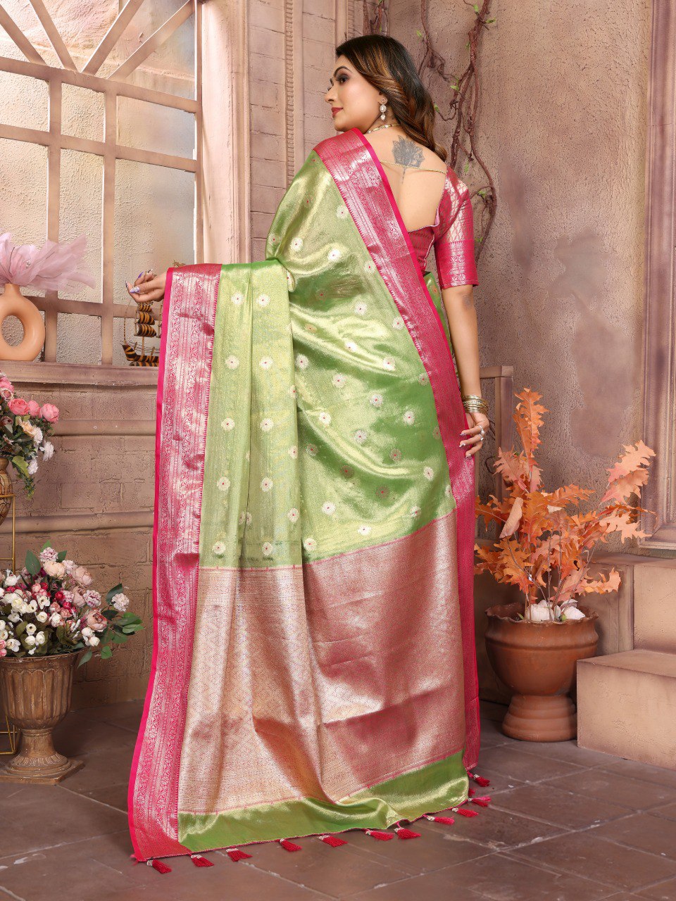Preferable Tissue Silk Perrot Color Saree By WTW