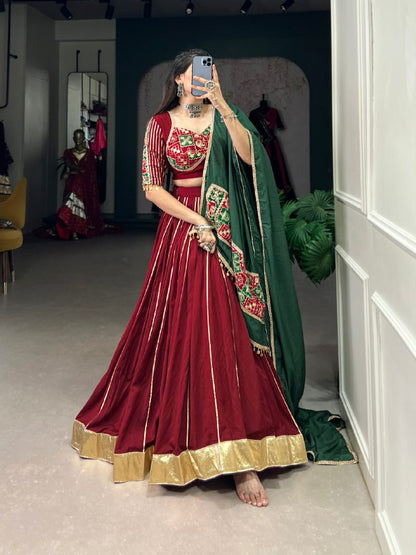 Chanderi Maroon Traditional Wear Zari Work Ready To Wear Lehenga Choli By WTW