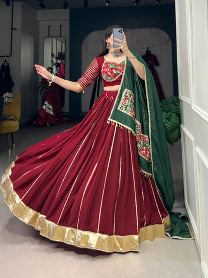 Chanderi Maroon Traditional Wear Zari Work Ready To Wear Lehenga Choli By WTW