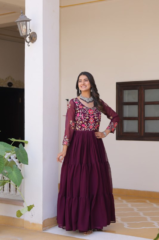 Wine Color Designer Thread Embroidery Anarkali Gown By WTW
