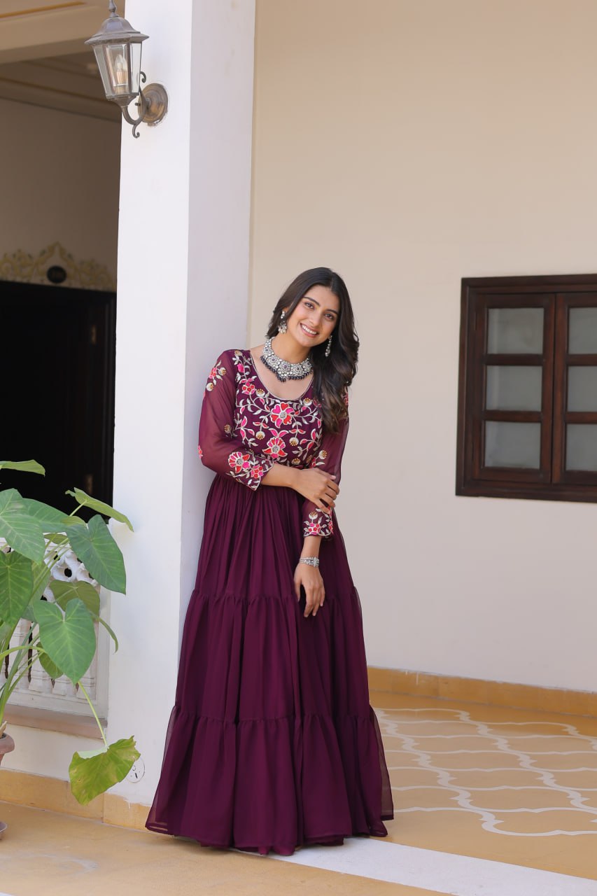 Wine Color Designer Thread Embroidery Anarkali Gown By WTW