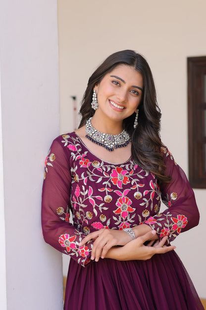 Wine Color Designer Thread Embroidery Anarkali Gown By WTW