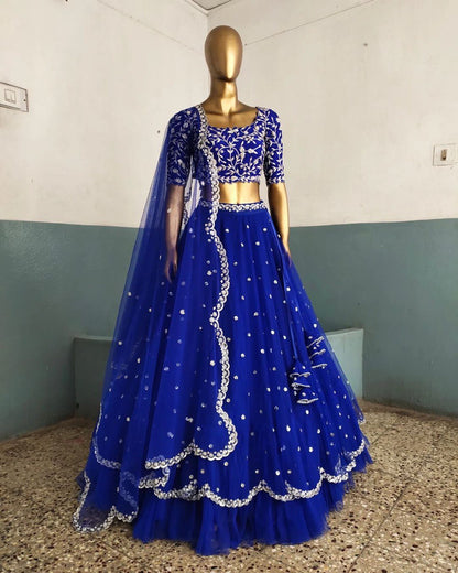Bright Blue Faux Georgette Lehenga Choli Dupatta Set By WTW