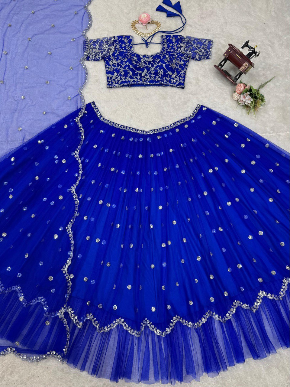 Bright Blue Faux Georgette Lehenga Choli Dupatta Set By WTW