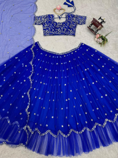 Bright Blue Faux Georgette Lehenga Choli Dupatta Set By WTW