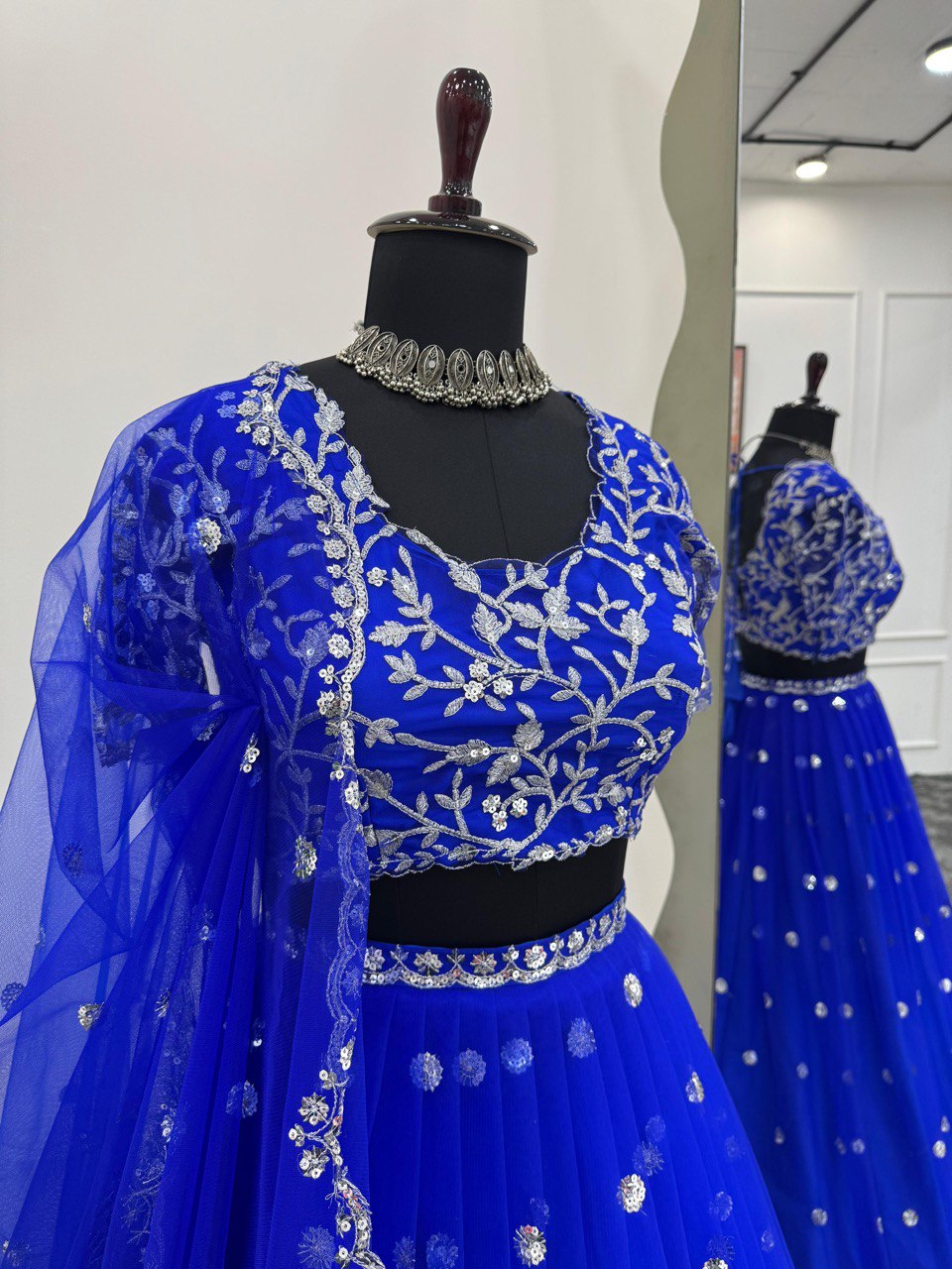 Bright Blue Faux Georgette Lehenga Choli Dupatta Set By WTW