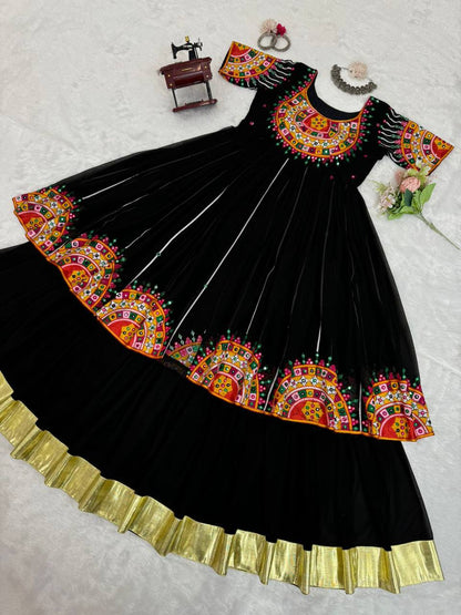 Black Faux Georgette Chain Stitch Work Navratri Special Gown By WTW