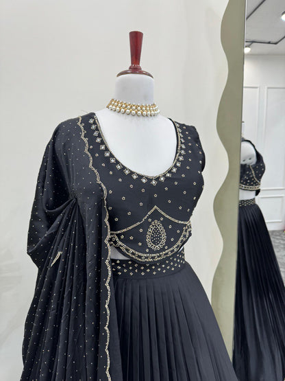 Beautiful Black Satin Silk Diamond & Real Mirror Work Lehenga Choli By WTW