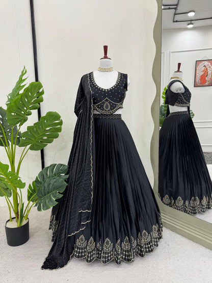 Beautiful Black Satin Silk Diamond & Real Mirror Work Lehenga Choli By WTW