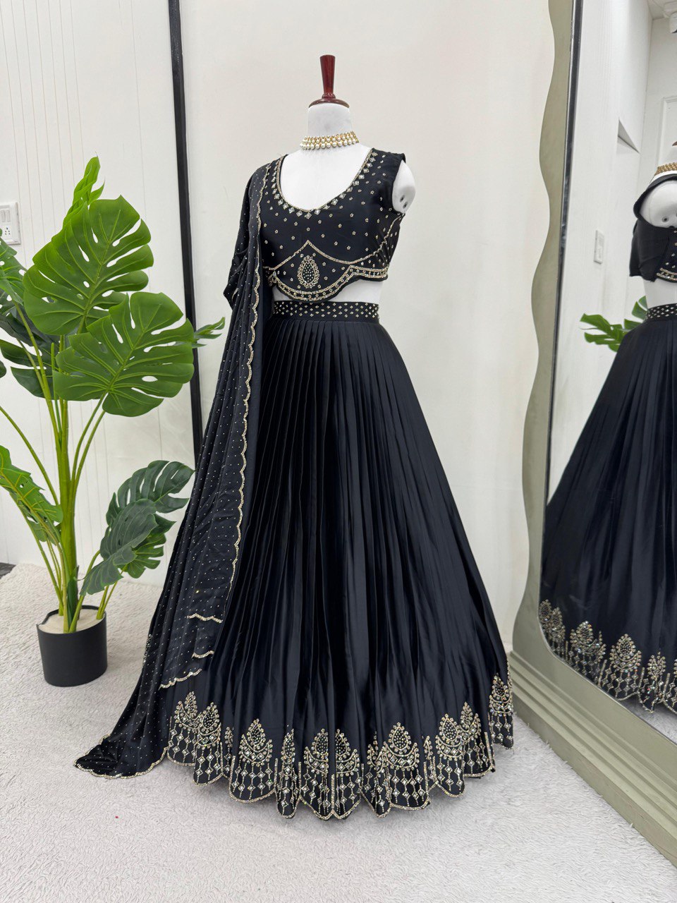 Beautiful Black Satin Silk Diamond & Real Mirror Work Lehenga Choli By WTW
