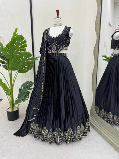Beautiful Black Satin Silk Diamond & Real Mirror Work Lehenga Choli By WTW