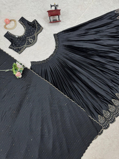 Beautiful Black Satin Silk Diamond & Real Mirror Work Lehenga Choli By WTW