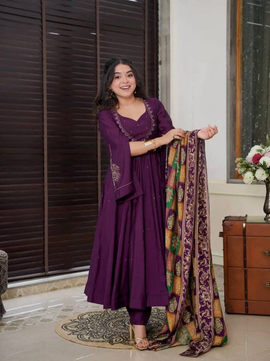 Peaceful Purple Color Chinnon Silk Embroidery Work Salwar Suit By WTW