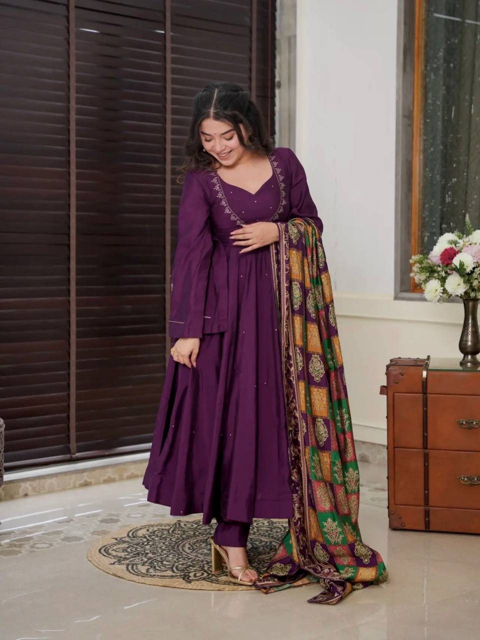 Peaceful Purple Color Chinnon Silk Embroidery Work Salwar Suit By WTW