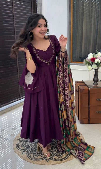 Peaceful Purple Color Chinnon Silk Embroidery Work Salwar Suit By WTW