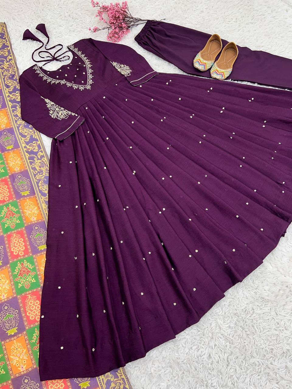 Peaceful Purple Color Chinnon Silk Embroidery Work Salwar Suit By WTW