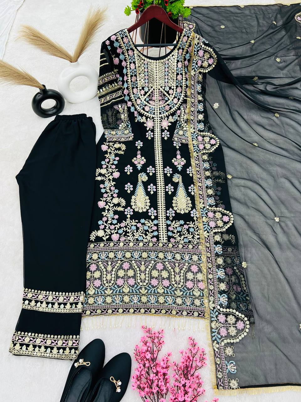 Black Pakistani Dress With Sequence Embroidery In Georgette With Dupatta By WTW