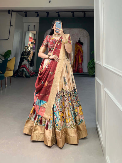 Kalamkari Print With Weaving Border Printed Lehenga Choli By WTW