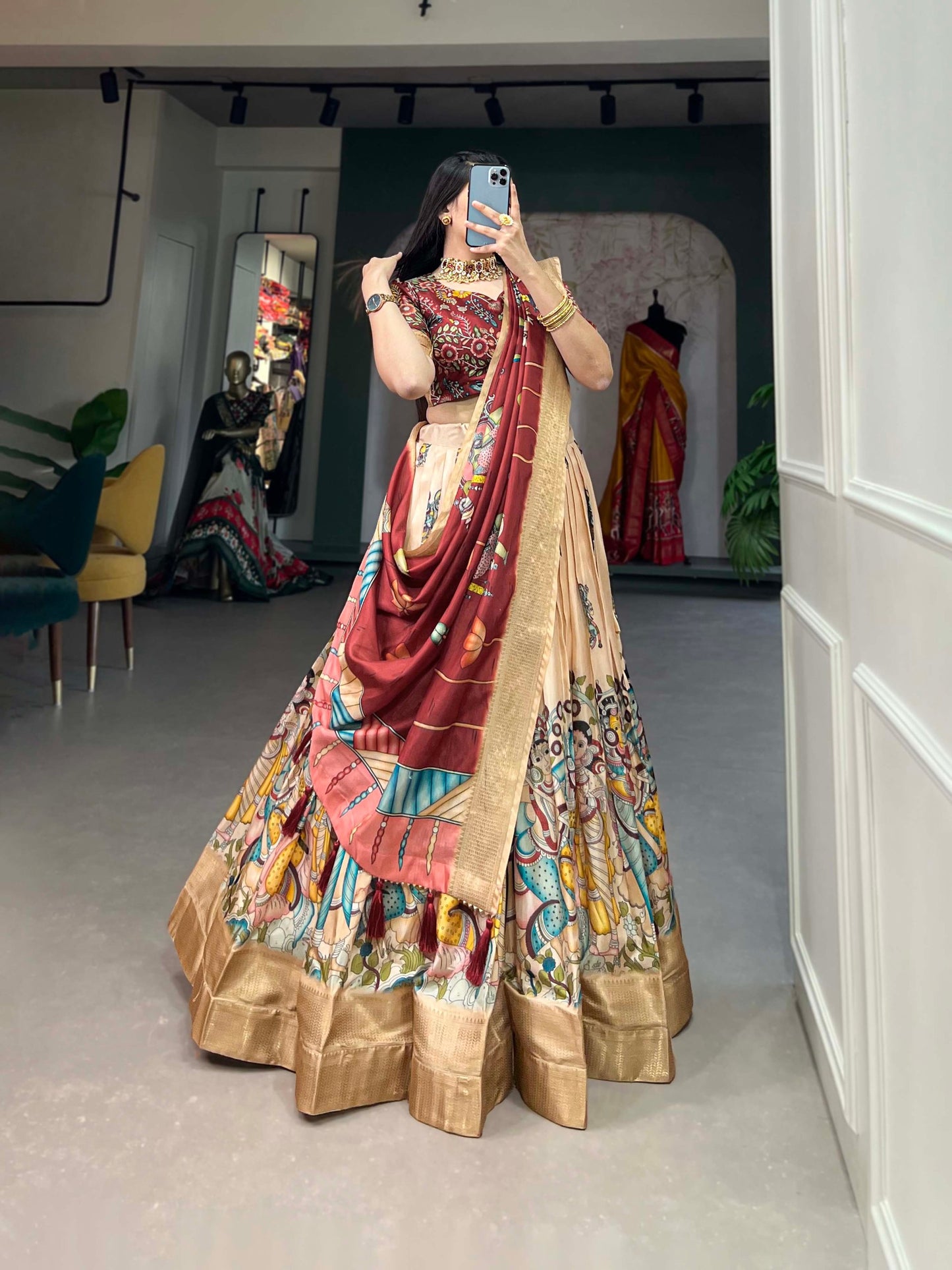 Kalamkari Print With Weaving Border Printed Lehenga Choli By WTW