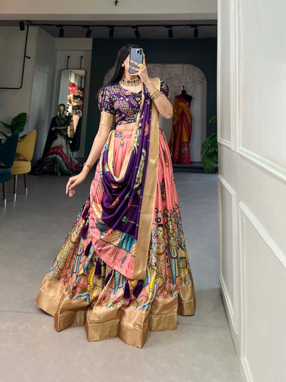 Amazing Peach Kalamkari Printed Dola Silk Festival Wear Lehenga Choli By WTW