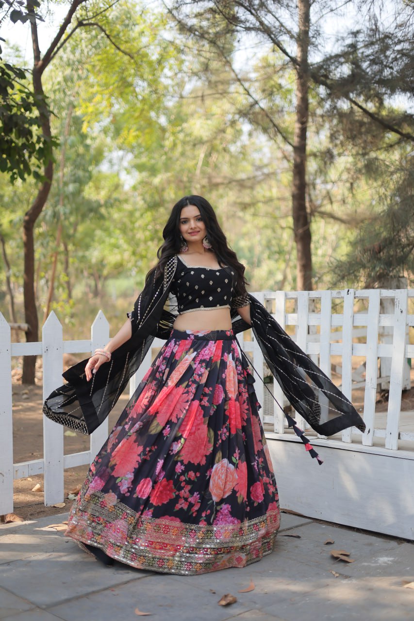 Sequin Thread Embroidered Faux Georgette Lehenga Set By WTW