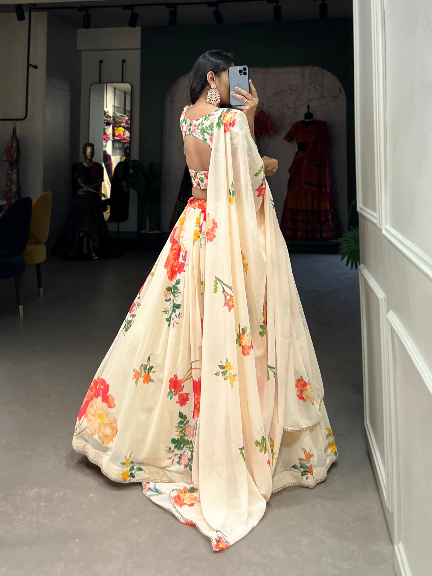 Grand Cream Color Georgette Floral Printed Lehenga Choli By WTW