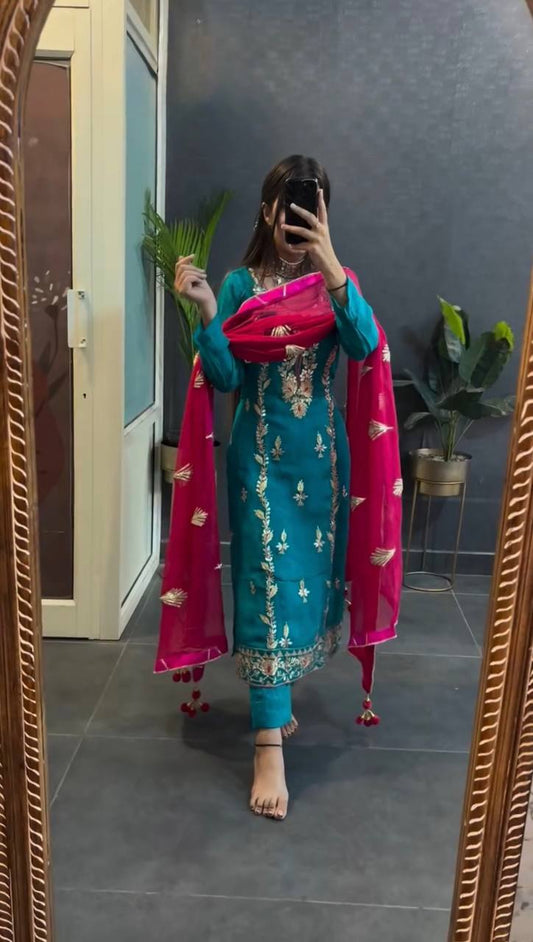 Sky Salwar Suit With Sequence And Embroidery In Chinon With Dupatta By WTW