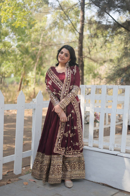 Dark Maroon Sequin Embroidered Vichitra Shimmer Gown With Dupatta By WTW