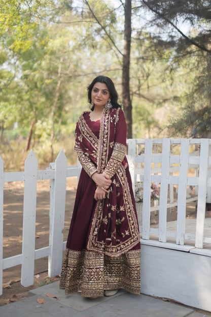 Dark Maroon Sequin Embroidered Vichitra Shimmer Gown With Dupatta By WTW