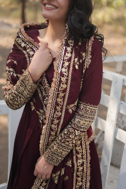 Dark Maroon Sequin Embroidered Vichitra Shimmer Gown With Dupatta By WTW