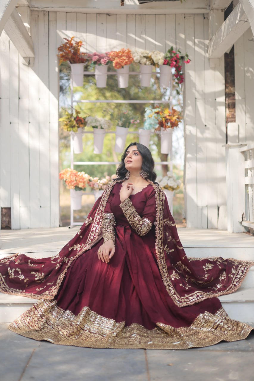 Dark Maroon Sequin Embroidered Vichitra Shimmer Gown With Dupatta By WTW