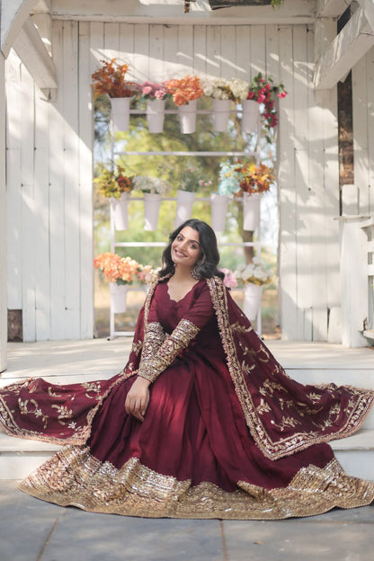 Dark Maroon Sequin Embroidered Vichitra Shimmer Gown With Dupatta By WTW