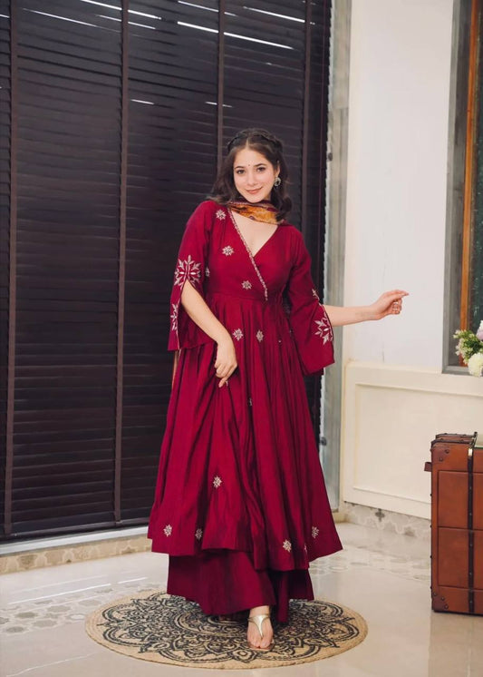 Maroon Chinon Silk Embroidery Work Gown With Palazzo Set By WTW