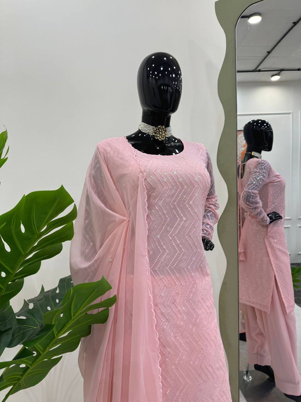 Baby Pink Faux Georgette Thread Work Choudidar Salwar Suit By WTW