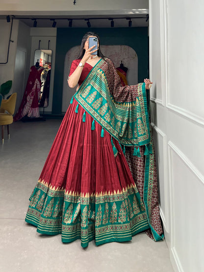 Red Color Printed Tussar Silk Lehenga Choli By WTW