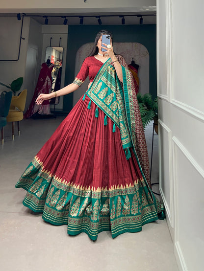 Red Color Printed Tussar Silk Lehenga Choli By WTW