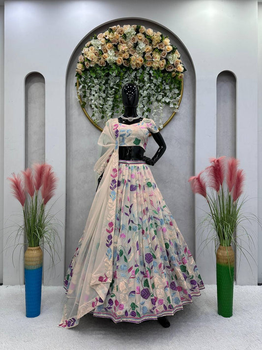 Semi Stitched Tabby Organza With Thread Sequence Work Lehenga Choli By WTW