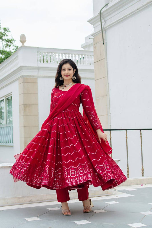 Red Anarkali Embroidered Georgette Suit Set By WTW