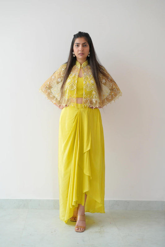 Gorgeous Corn Yellow Crep Embroidery Work Dhoti With Blouse And Koti By WTW