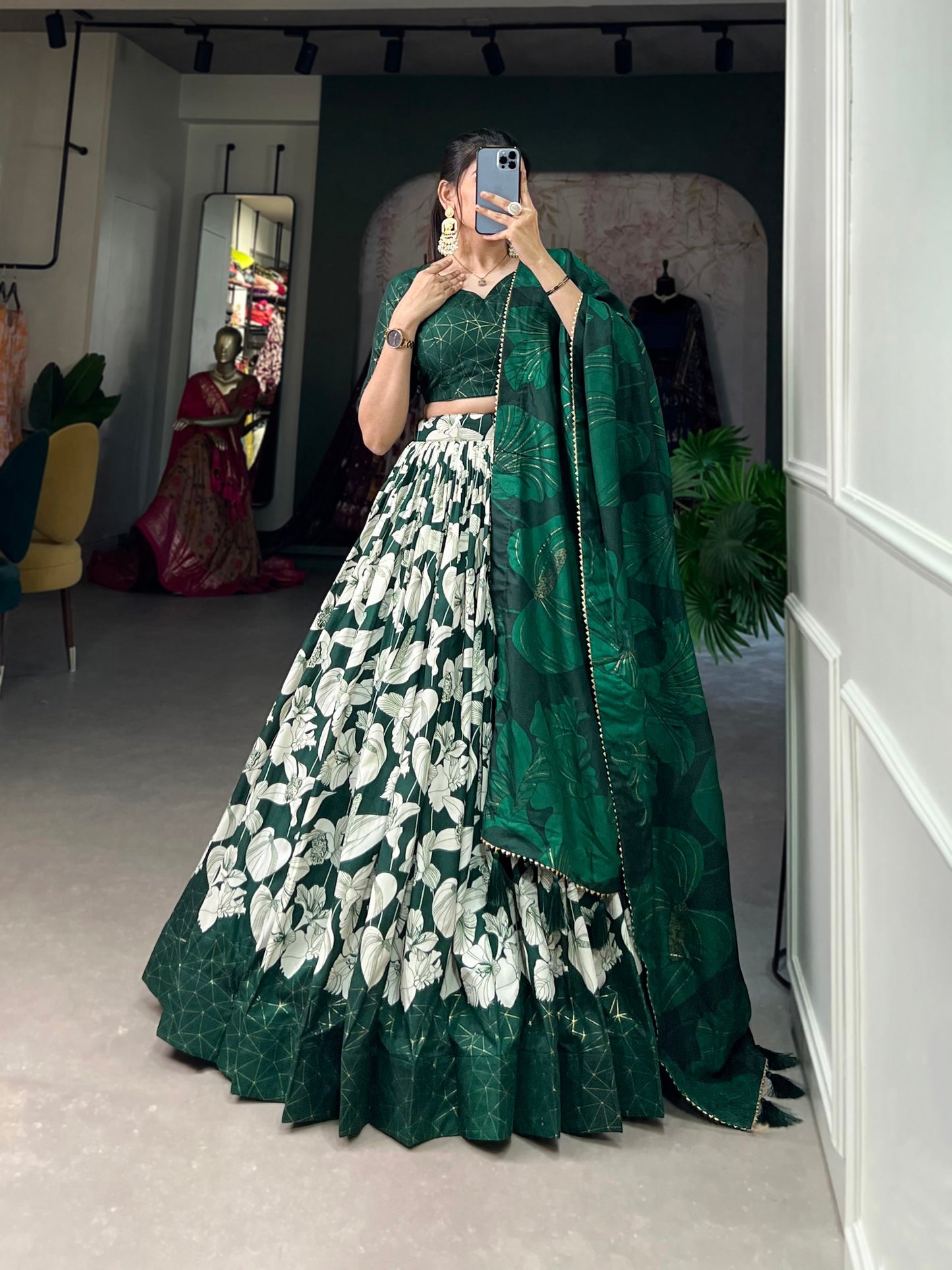 Green Tussar Silk Printed Lehenga Choli With Foil Work By WTW