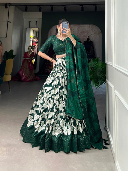 Green Tussar Silk Printed Lehenga Choli With Foil Work By WTW