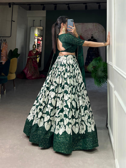 Green Tussar Silk Printed Lehenga Choli With Foil Work By WTW