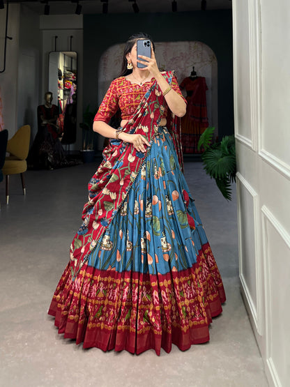 Firozi Tussar Silk Lehenga Choli With Pichwai & Patola Prints By WTW