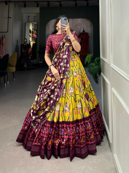 Yellow Tussar Silk Lehenga Choli with Pichwai & Patola Prints By WTW