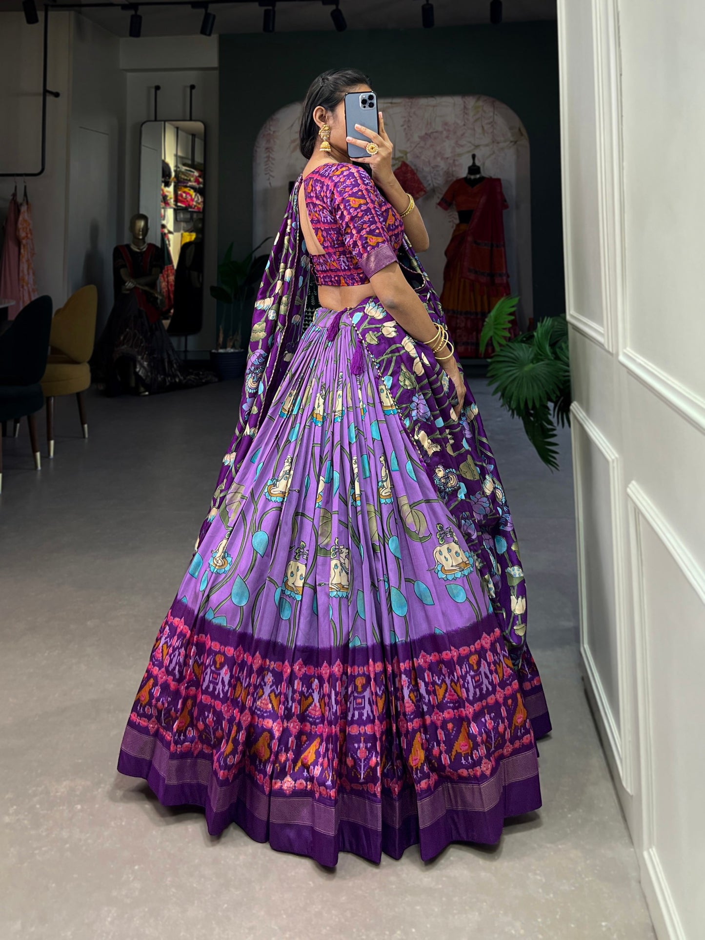 Lavender Tussar Silk Lehenga Choli With Pichwai & Patola Prints By WTW