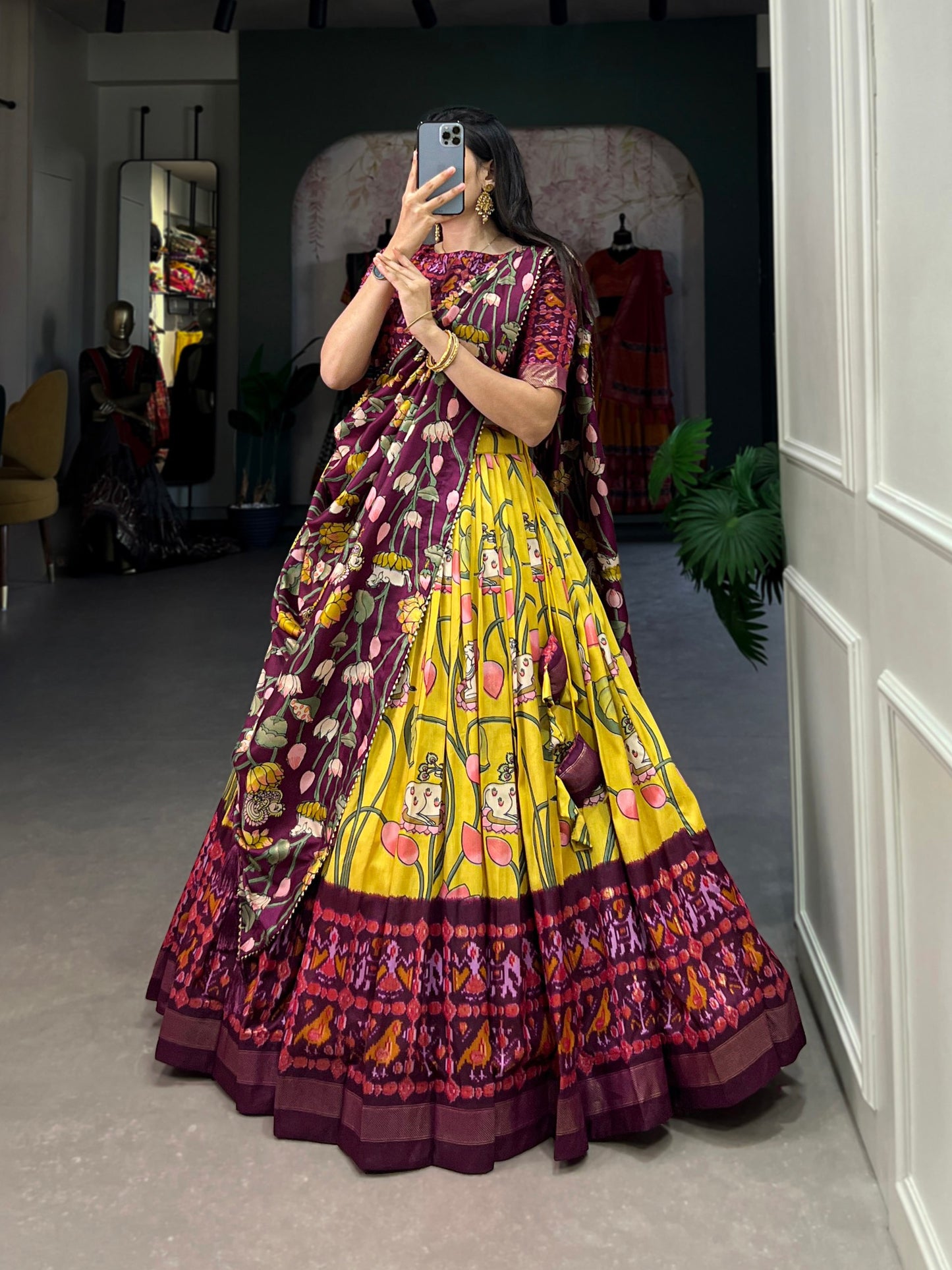 Yellow Tussar Silk Lehenga Choli with Pichwai & Patola Prints By WTW